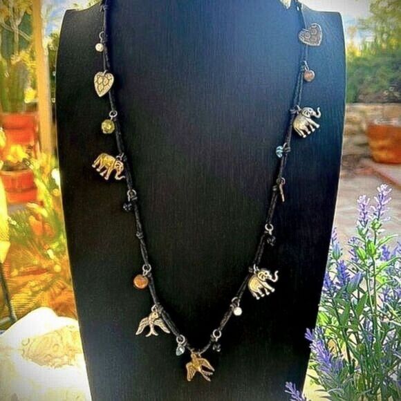 Charming Handmade Elephants & Birds Cord Necklace 30” - Picture 1 of 11